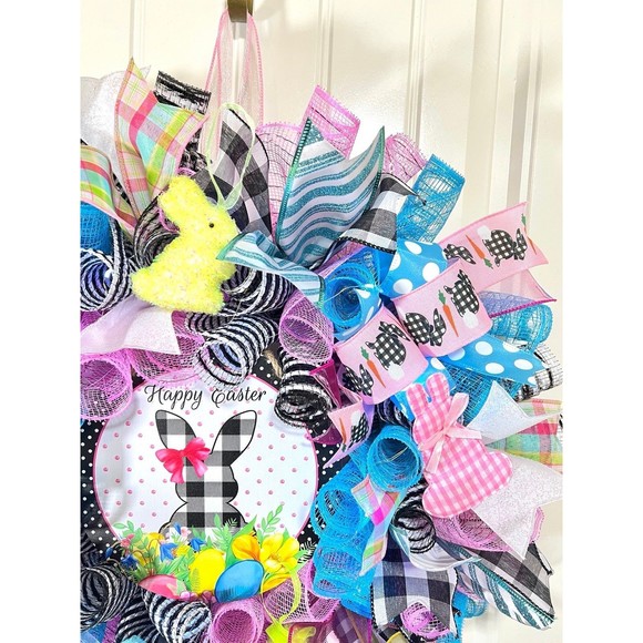 Handmade Spring Happy Easter Bunny Prelit Ribbon Wreath 22 in LED W17 - Picture 3 of 7